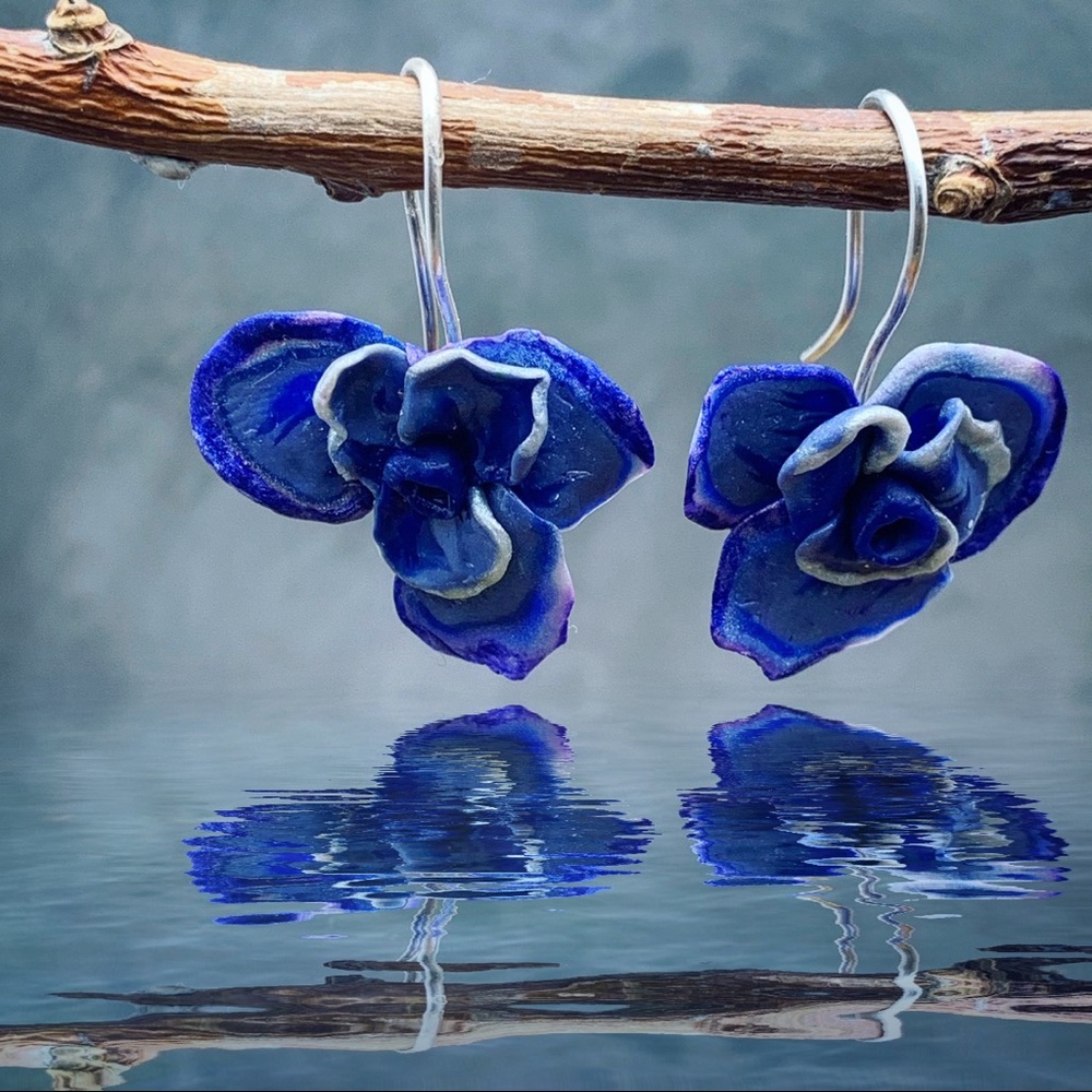 Handmade Blue Orchid Flower Earrings